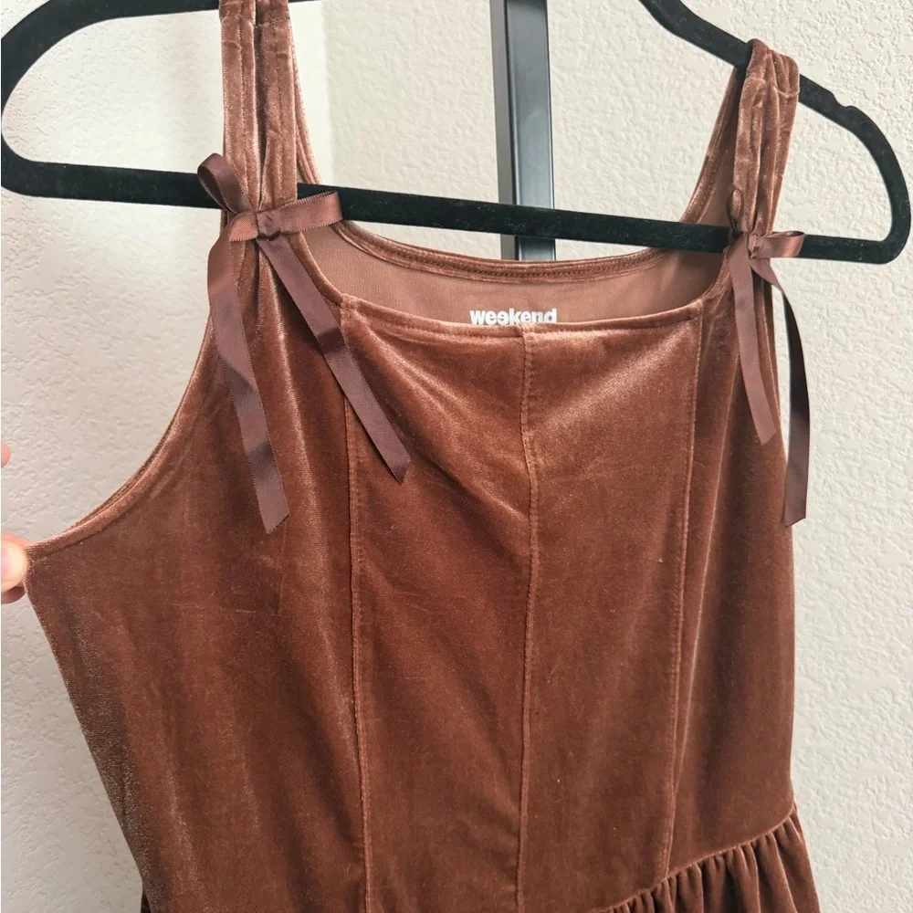Weekend Academy Girls Brown Velour Bow Straps Mini Dress - Picture 6 of 6